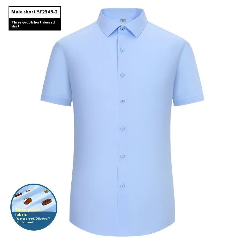 Men's slim fit bamboo fibre business shirt with square collar in a solid colour, shown in short sleeve style.