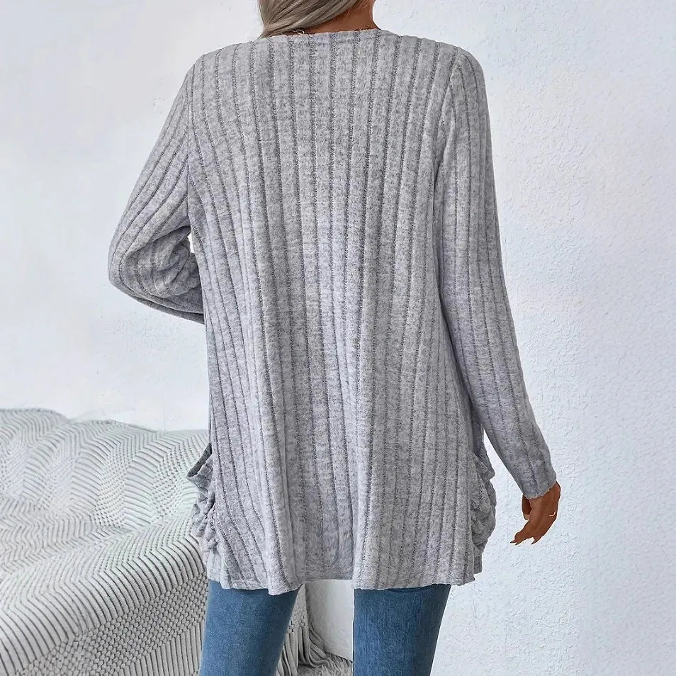 Solid color long sleeve cardigan knitwear with pockets in Grandma Grey or Black polyester blend loose fit