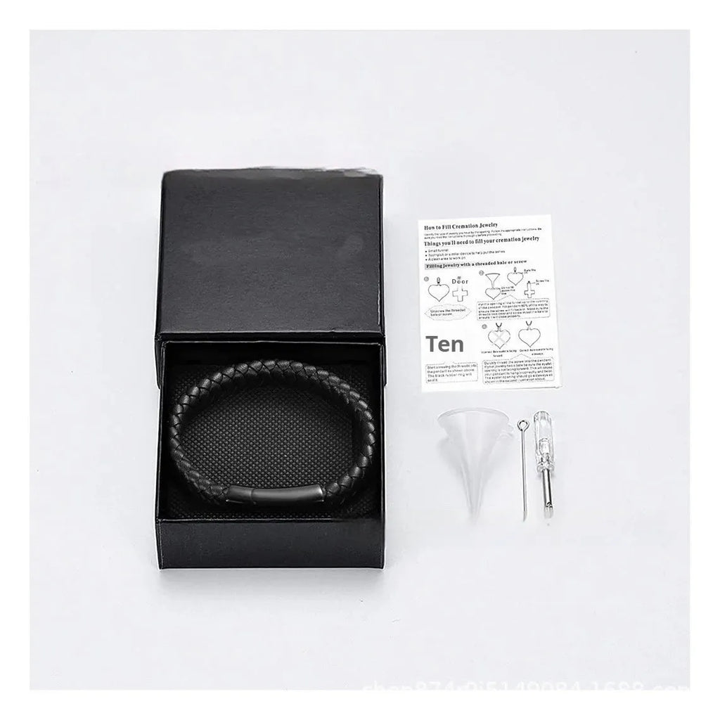 Black leather and stainless steel casket memorial bracelet with engraving
