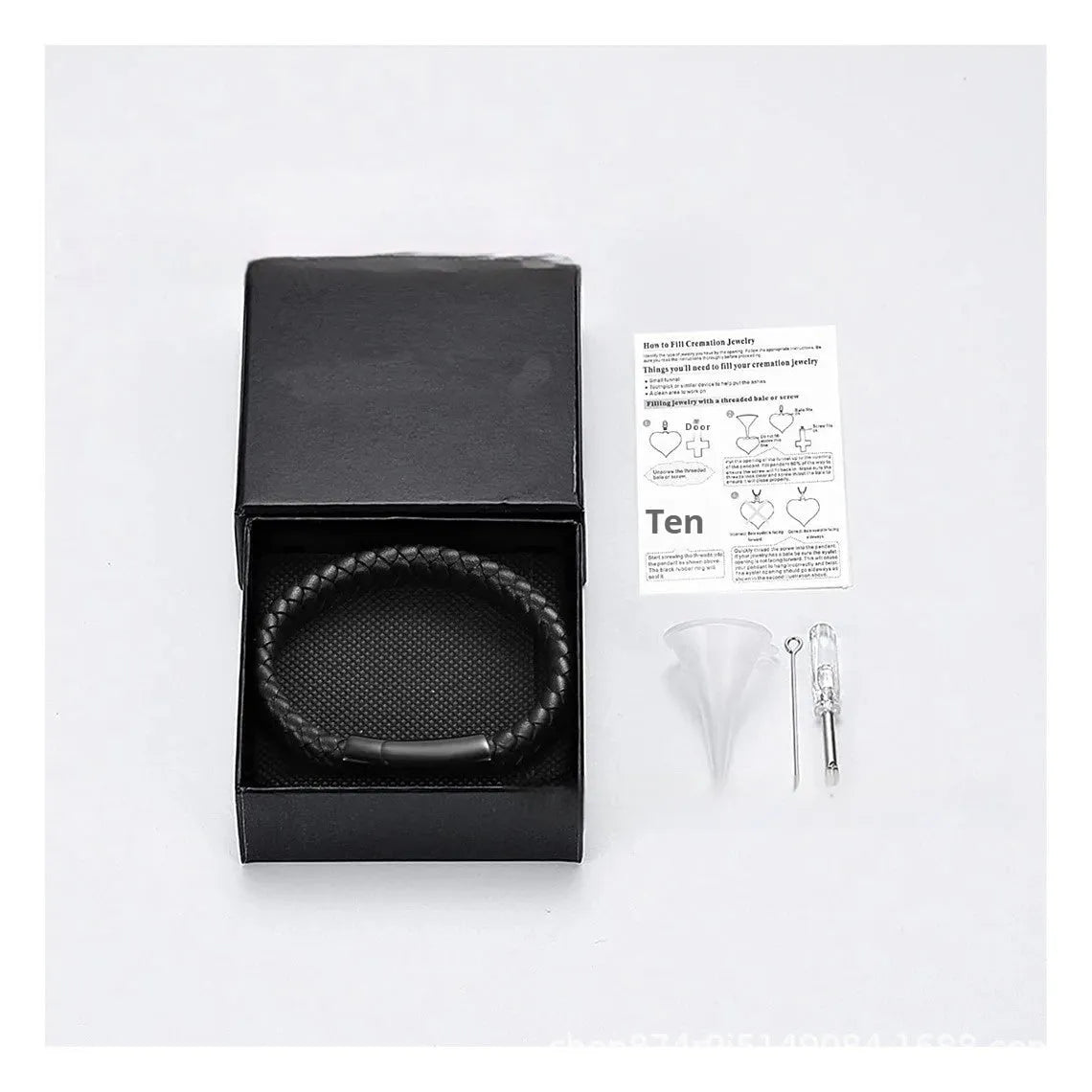 Black leather and stainless steel casket memorial bracelet with engraving