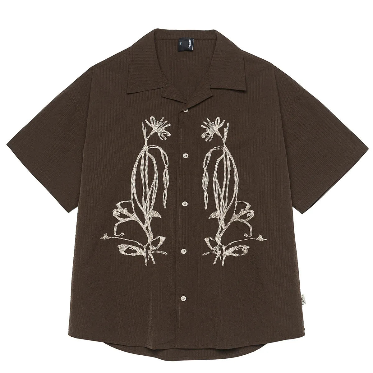 Brown striped men's outdoor shirt with Cuban collar and short sleeves