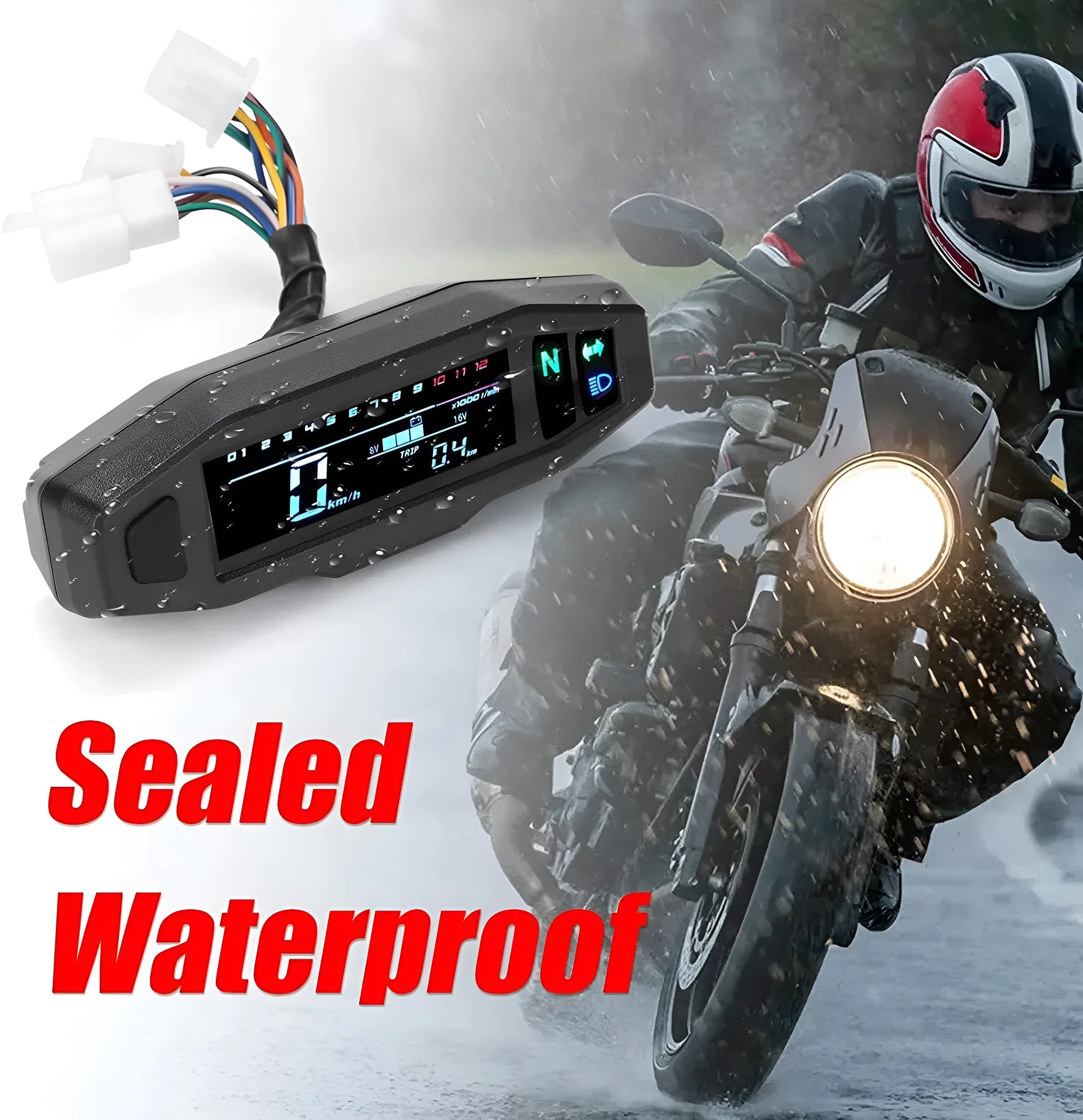 Black motorcycle mini speedometer LCD display with digital readouts for speed, RPM, and fuel level.