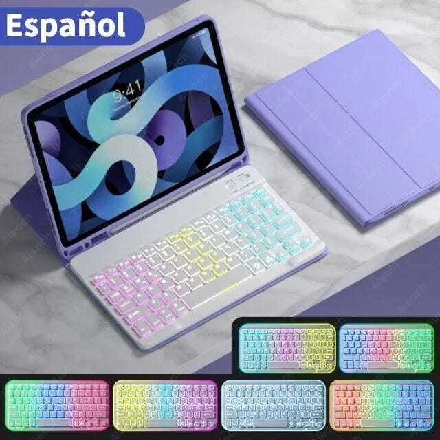 iPad leather protective case with built-in luminous RGB backlit Bluetooth keyboard and optional mouse in various colours.