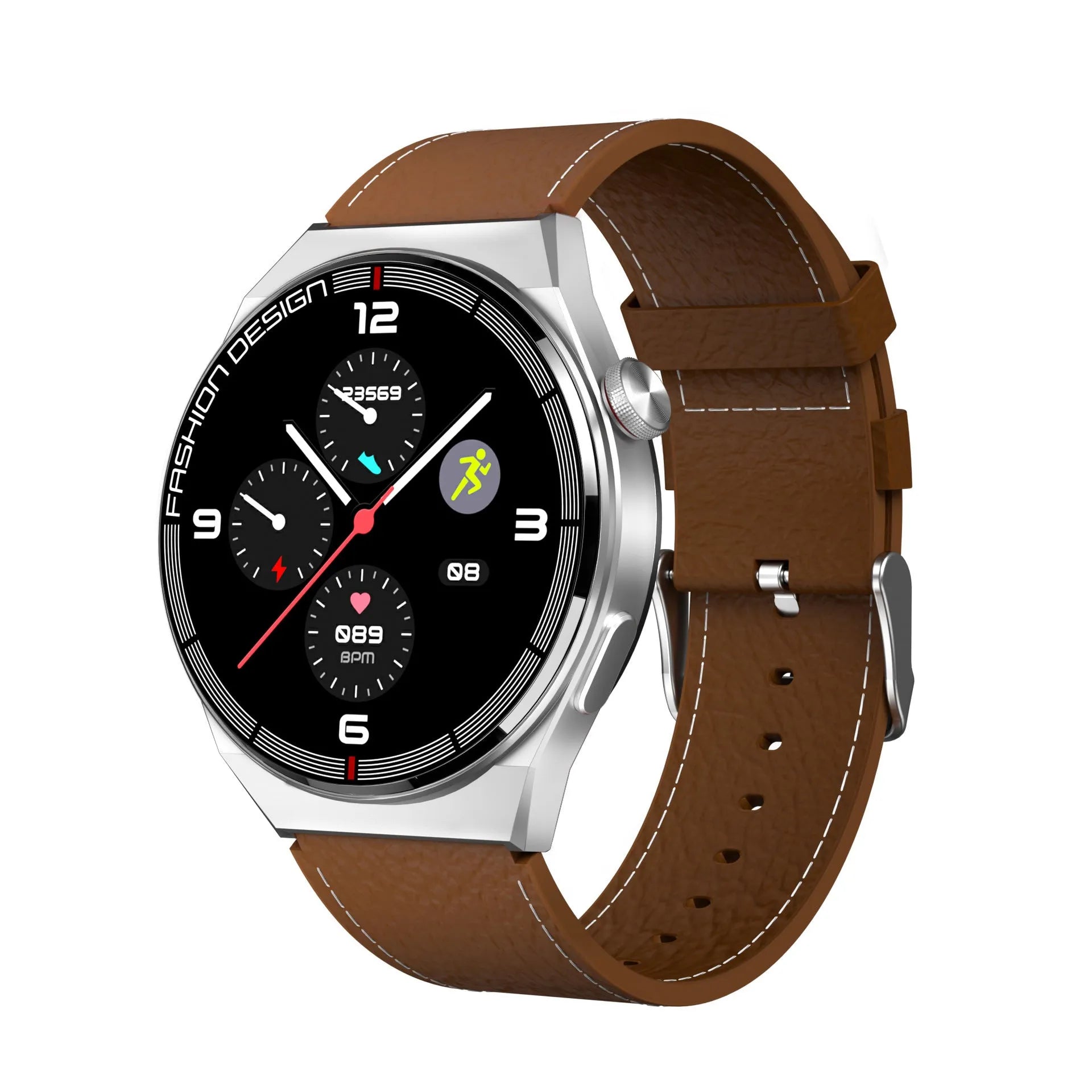 Black smartwatch with 1.28-inch screen showing health metrics on silicone strap