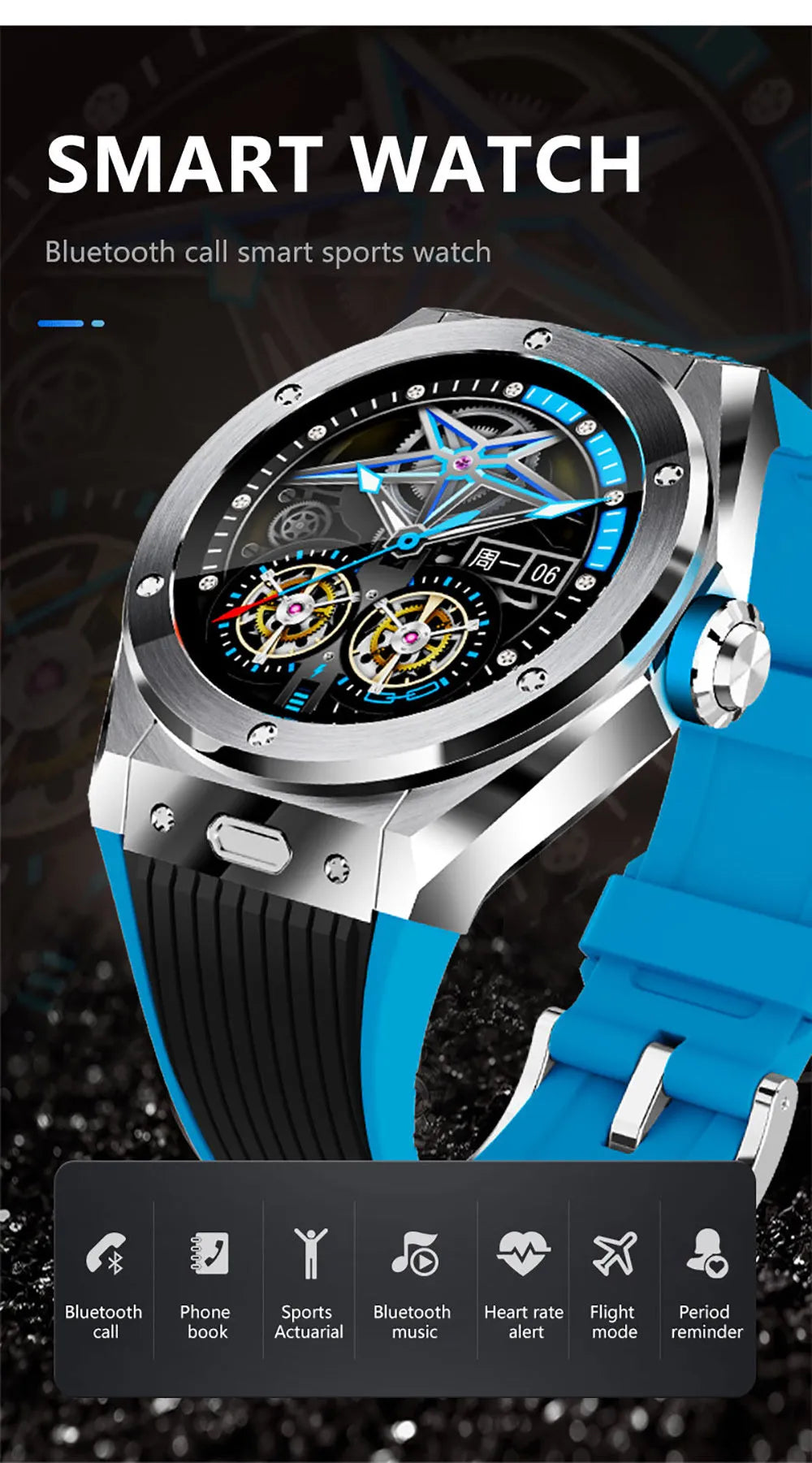 Black smart watch with Bluetooth call function and health monitoring on silicone sport strap