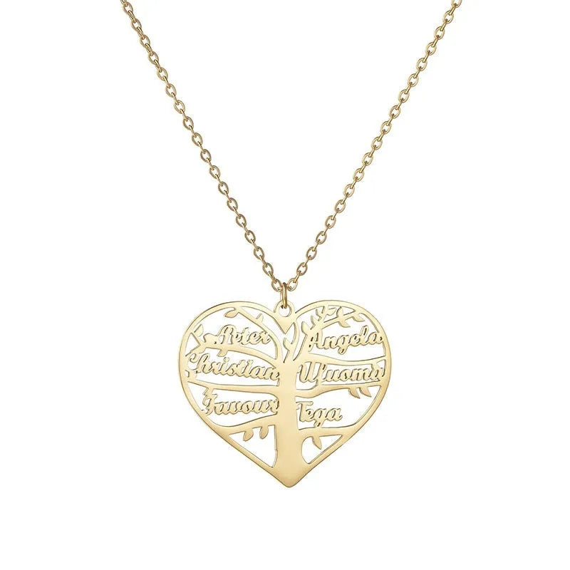 Custom stainless steel necklace with hollow heart, letter, and lucky tree pendant, available in silver, gold, rose gold.