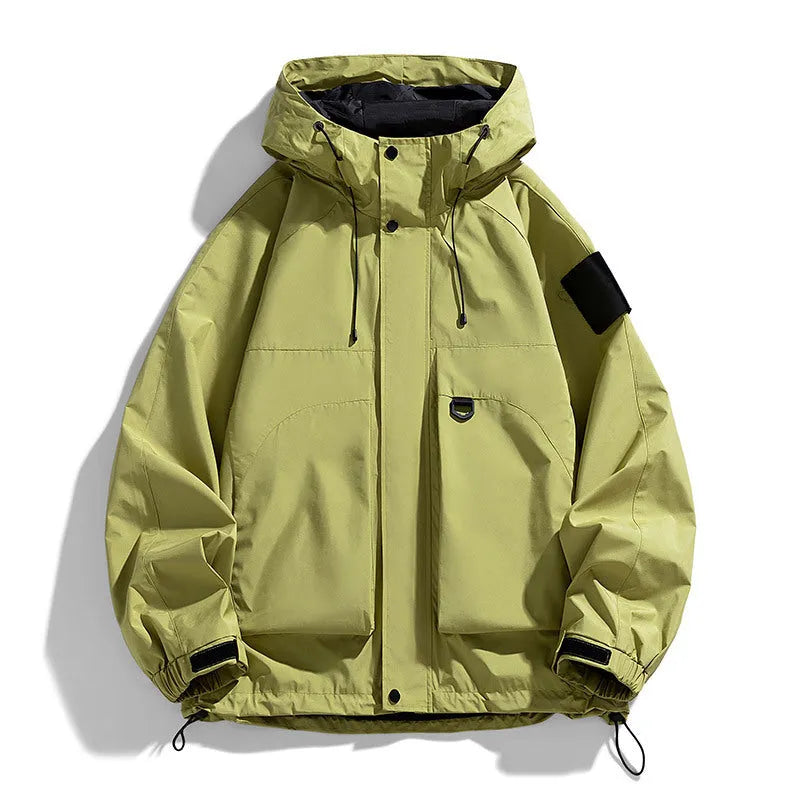 Men's black windproof waterproof hooded jacket in polyester blend fabric