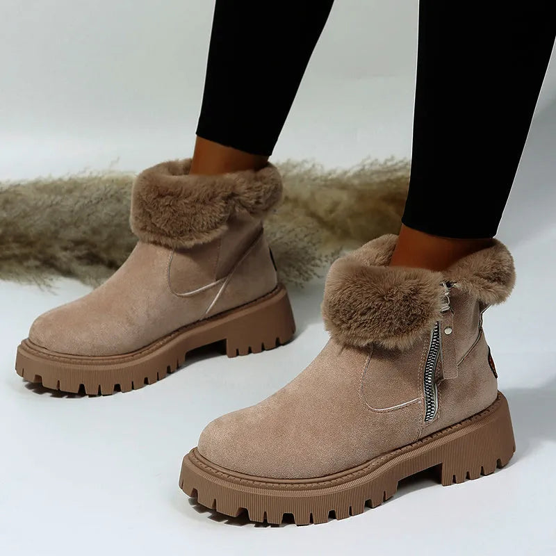 Women's black thick plush high-top snow boots with a side zipper and faux fur lining.
