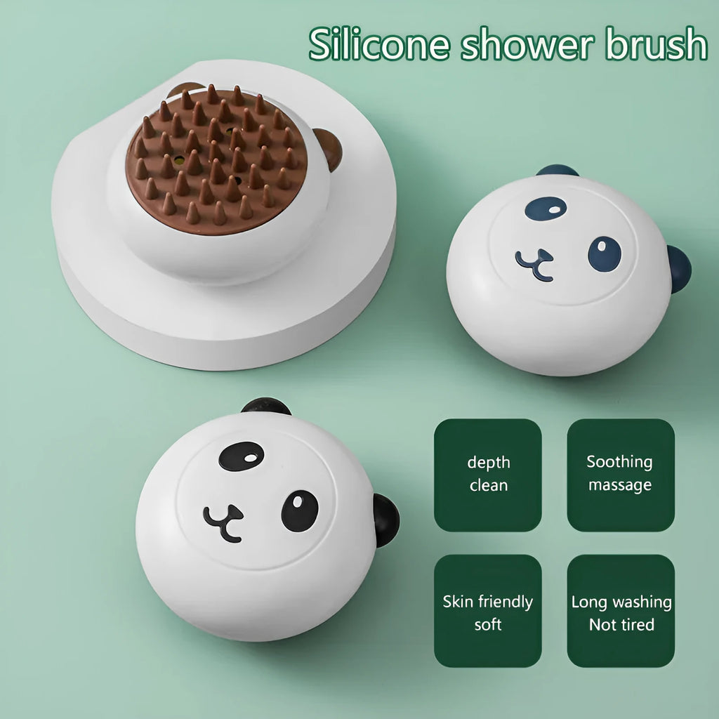 Panda-shaped silicone pet bath brush with soft bristles for cats and dogs.