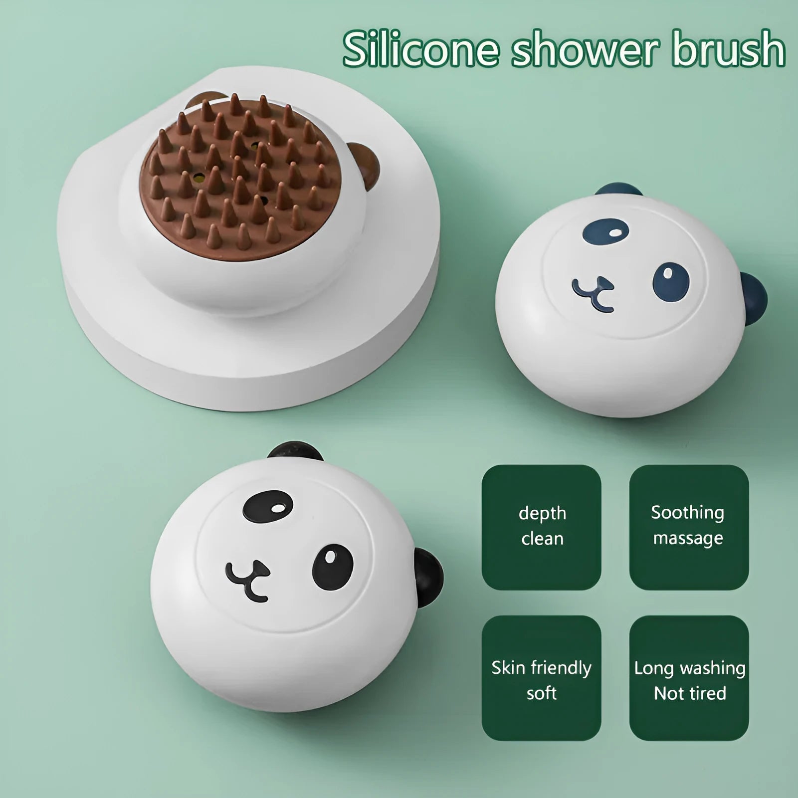 Panda-shaped silicone pet bath brush with soft bristles for cats and dogs.