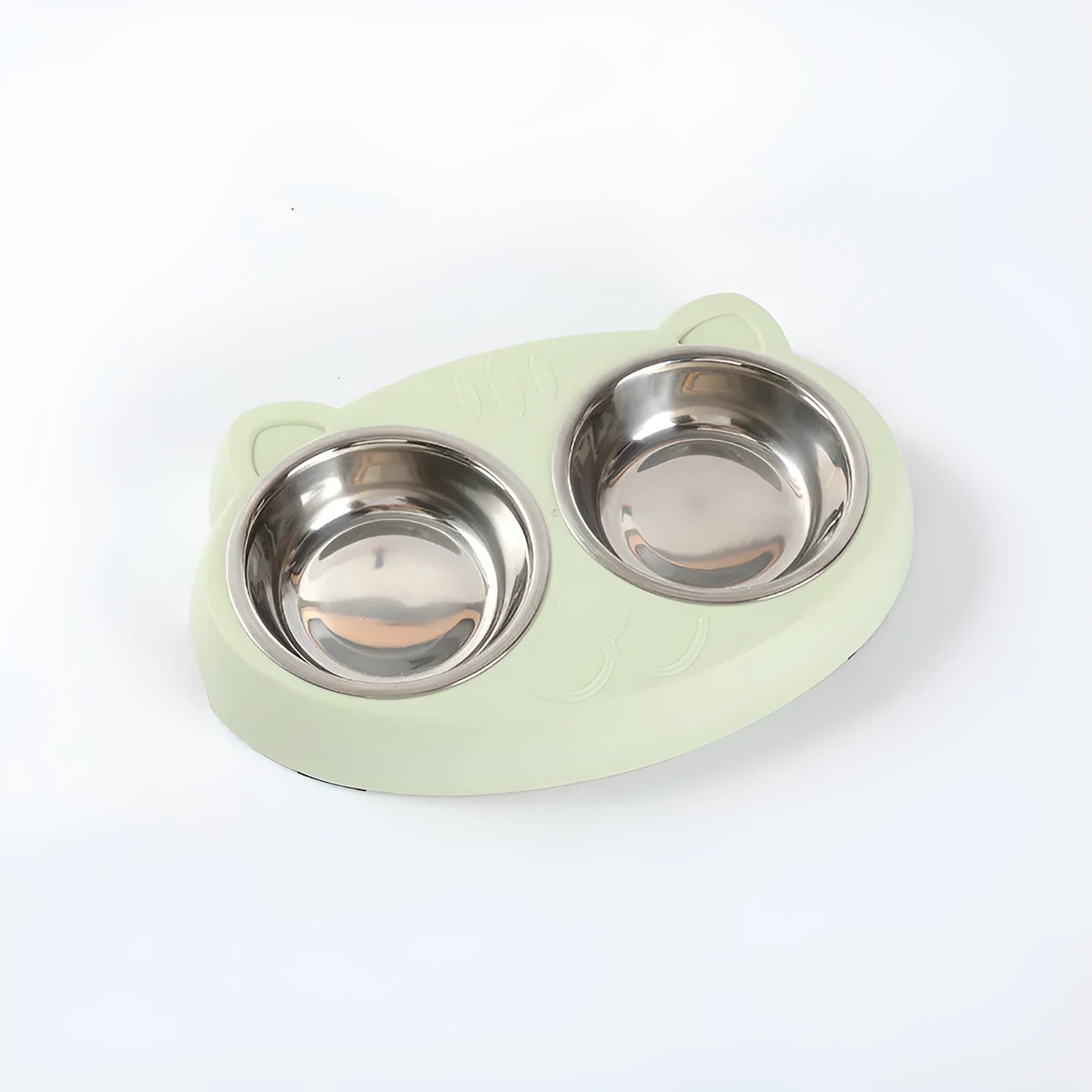Blue macaron-styled double bowl plastic feeder tray for cats and dogs on a wooden floor.