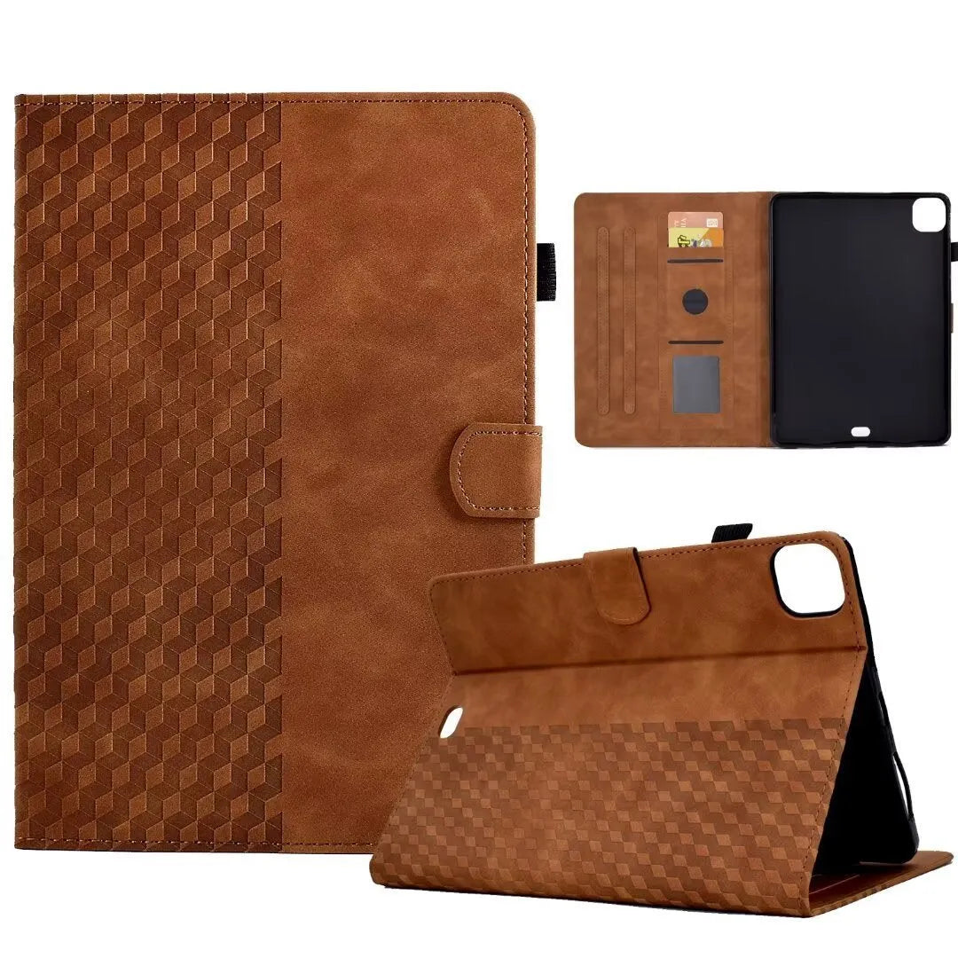 Leather iPad case with card holder slot showing diamond embossed pattern in black colour