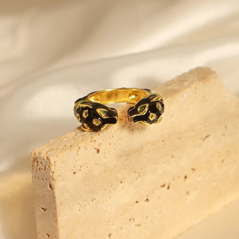 Black cheetah pattern geometric open ring for women in size 7 with copper electroplated construction