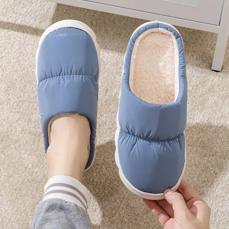 Thick-soled down cotton slippers with artificial leather upper and plush lining in blue green grey pink or yellow