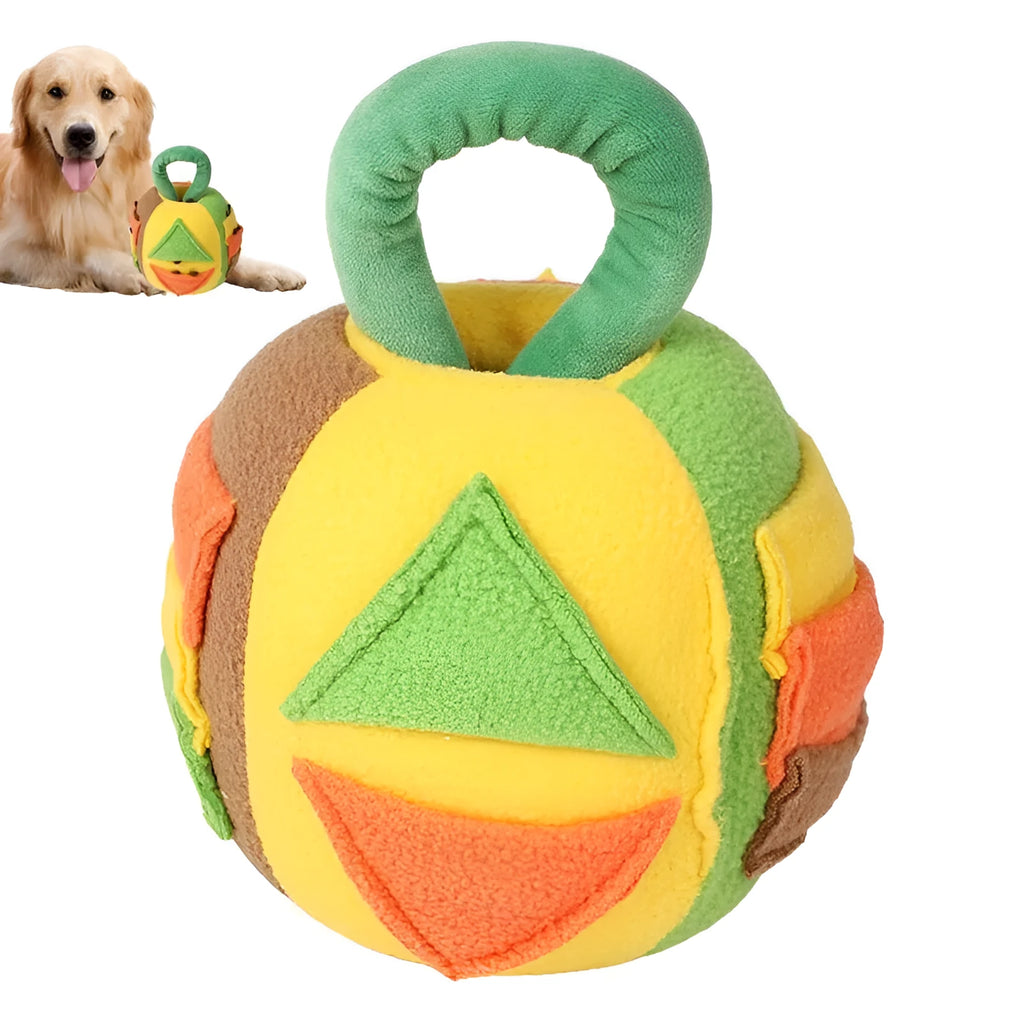 Green plush squeaky ball dog toy with treat pockets on a white background