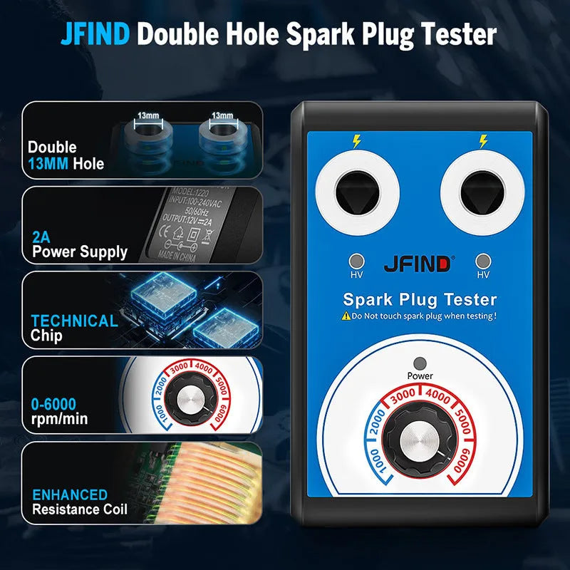 Car ignition fault detector diagnostic tool for testing spark plugs on a workbench.