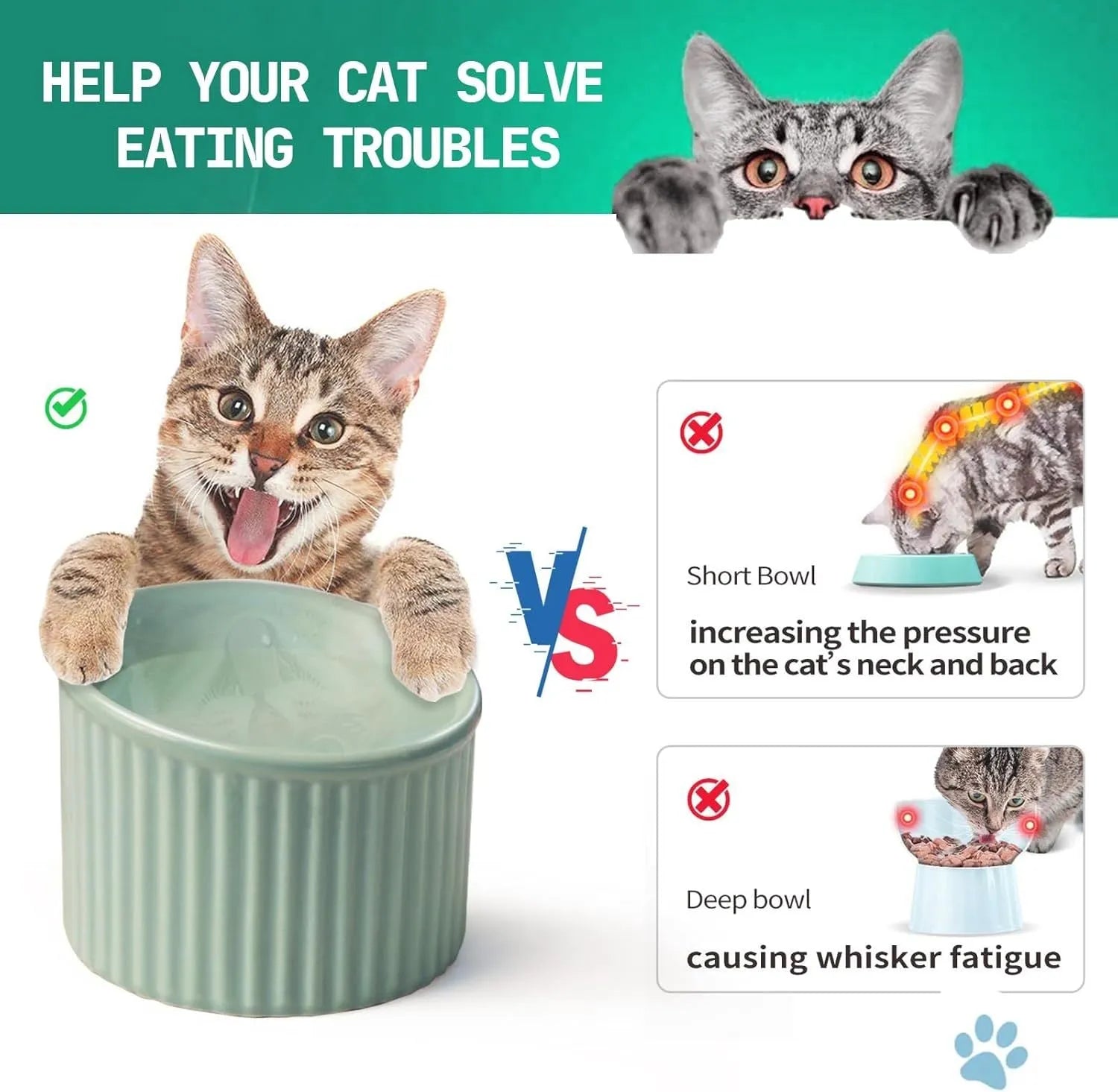 Dark green elevated ceramic cat bowl on a wooden floor, showing its raised height and round, whisker-friendly shape.
