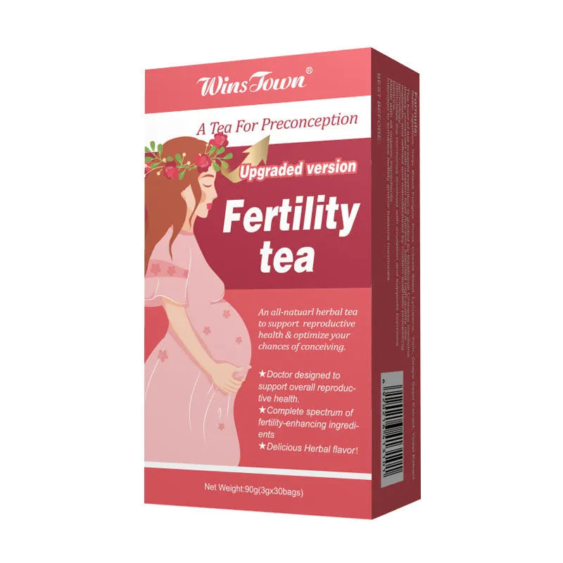 Fertility tea box containing 3 packs of 30 herbal tea bags for reproductive wellness support