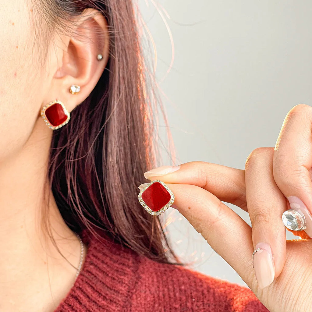 Red square alloy earrings with geometric design and inlaid detailing for women