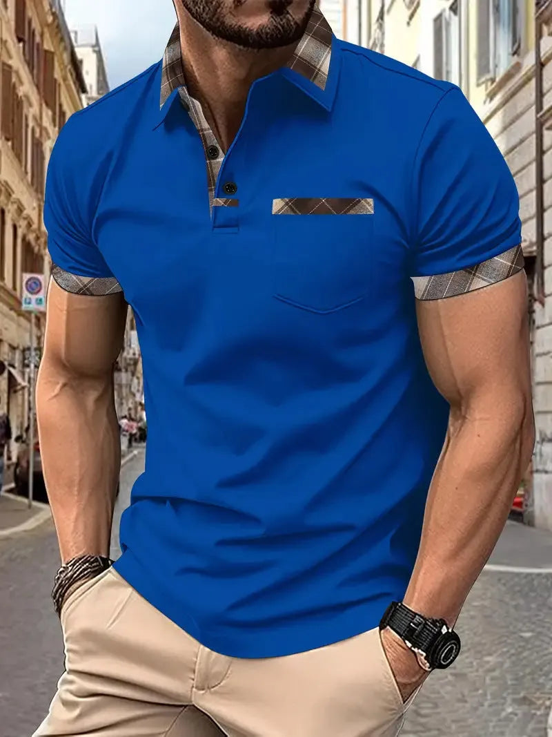 Men's plaid colourblock t-shirt with zipper decorations in loose fit for summer casual wear