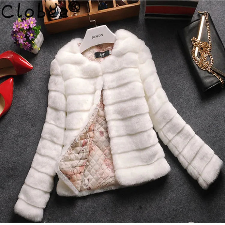Women's short faux fur top in street fashion style with regular sleeves available in white black and beige sizes S to 9XL