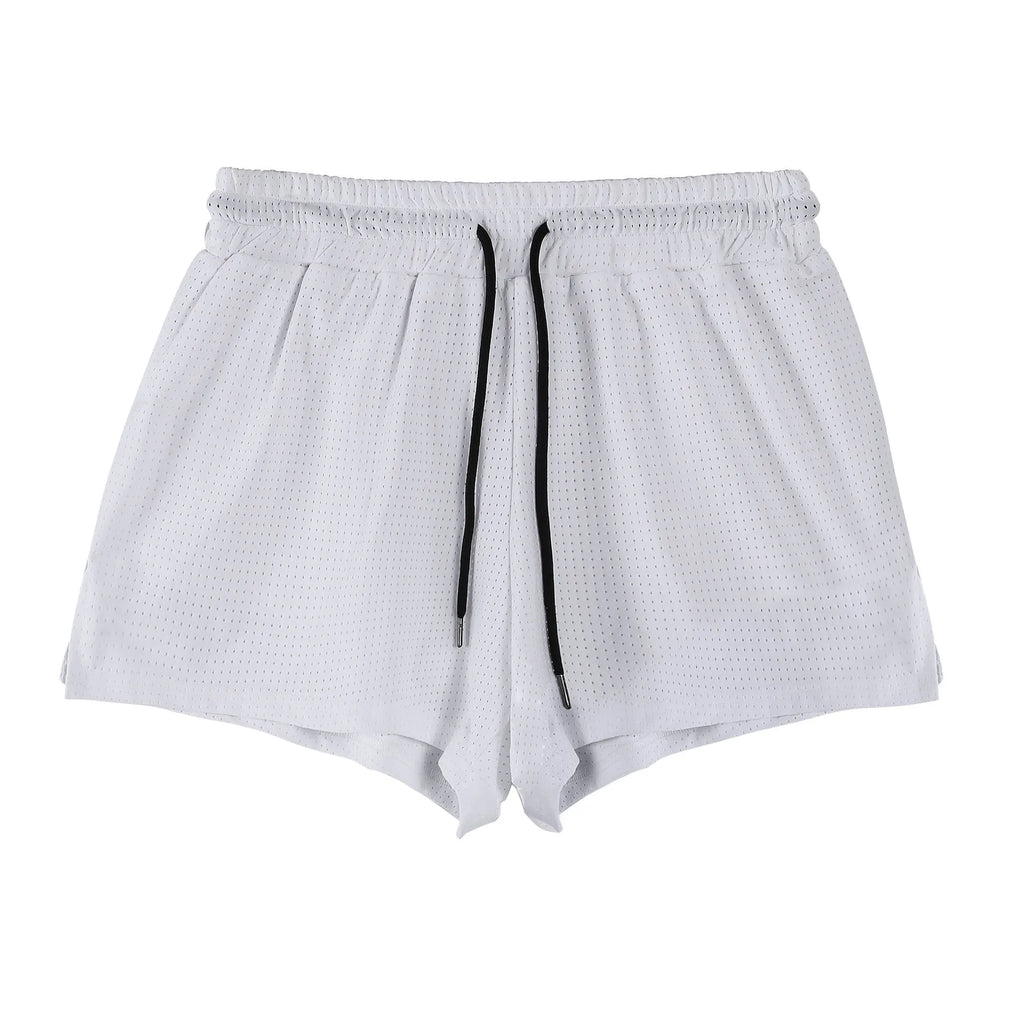 Men's black nylon quick-drying summer shorts laid flat, showing mid-waist and shorts length design.