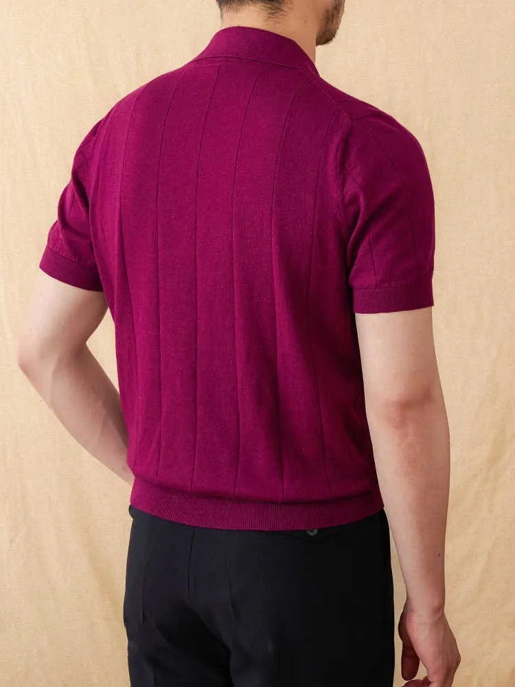 Men's purple sunken stripe knitted polo shirt with a seagull collar on a hanger.