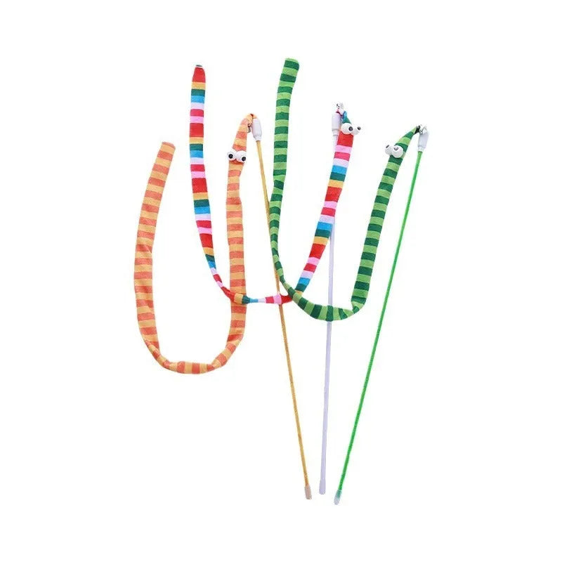 Colourful cat wand toy with long plush strip attachment for interactive play