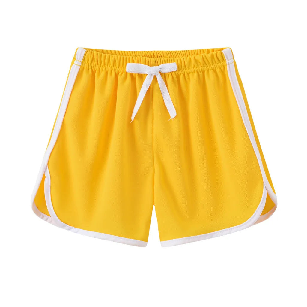 Children's casual polyester shorts in multiple colours including pink, leopard print and striped patterns