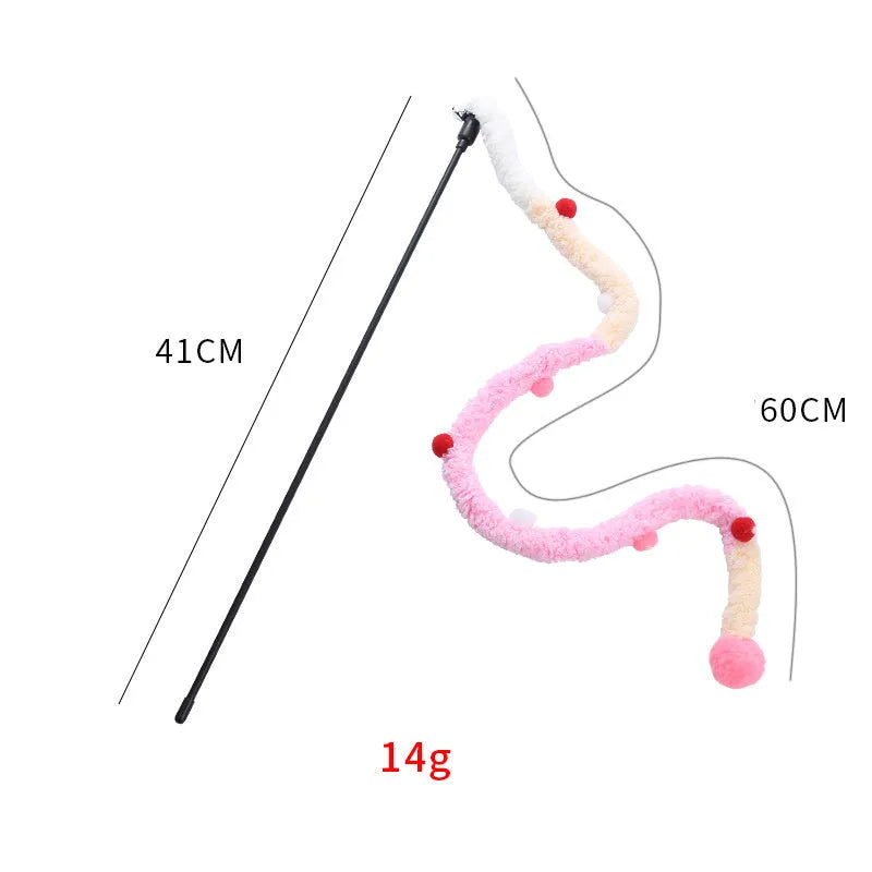 Blue interactive cat wand toy with plush strip, fluffy ball, and bell on a 41cm pole.