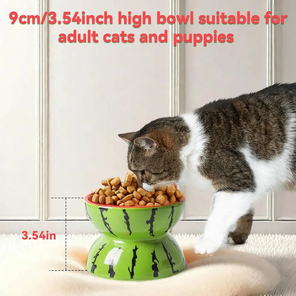 Ceramic raised cat bowl with tilted surface and anti-slip base in orange, pitaya, or watermelon pattern