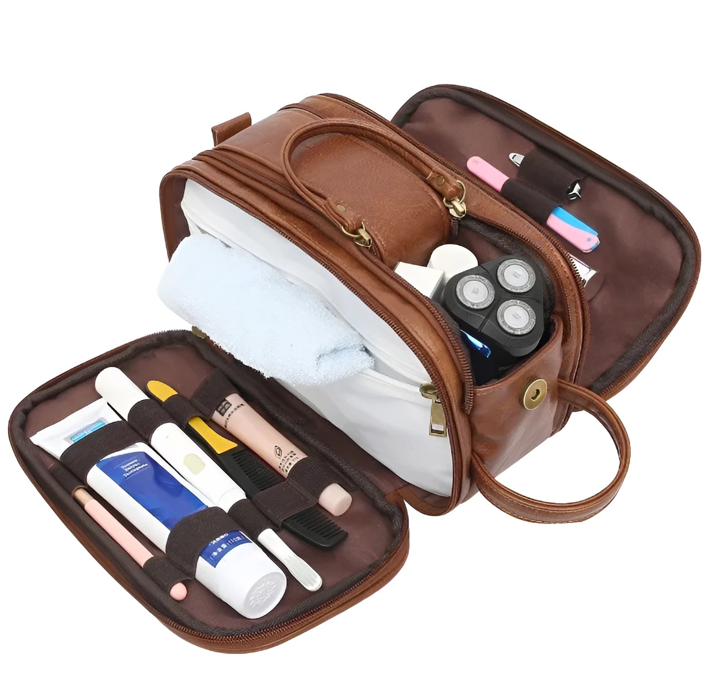Men's black PU leather toiletry bag with multiple compartments open to show interior organisation