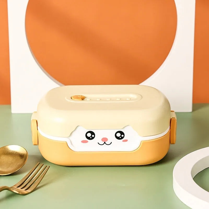 Square plastic divided lunch box in dark blue, orange yellow, or pink and green with microwave-safe symbol