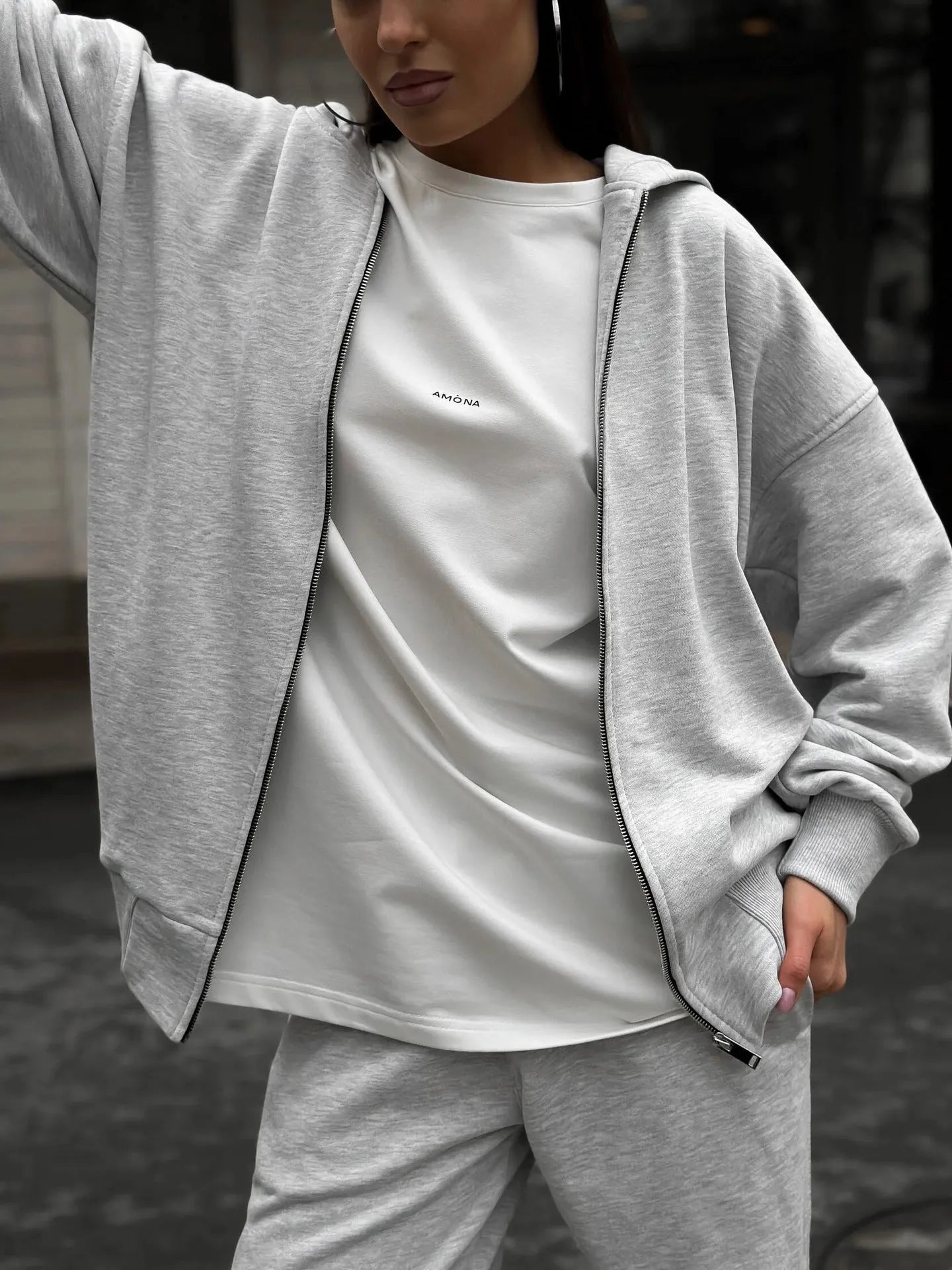 Loose two-piece set with long-sleeved coat and trousers in solid red light gray or gray polyester street style