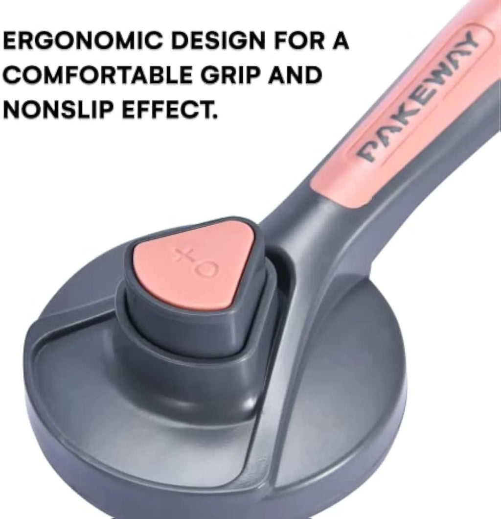 Grey self-cleaning slicker brush for pet grooming with ergonomic handle and one-click button.