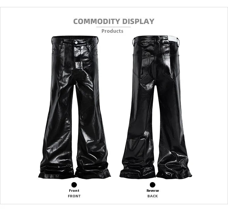 Black coated shiny patent leather-look skinny jeans in mid waist straight-leg style
