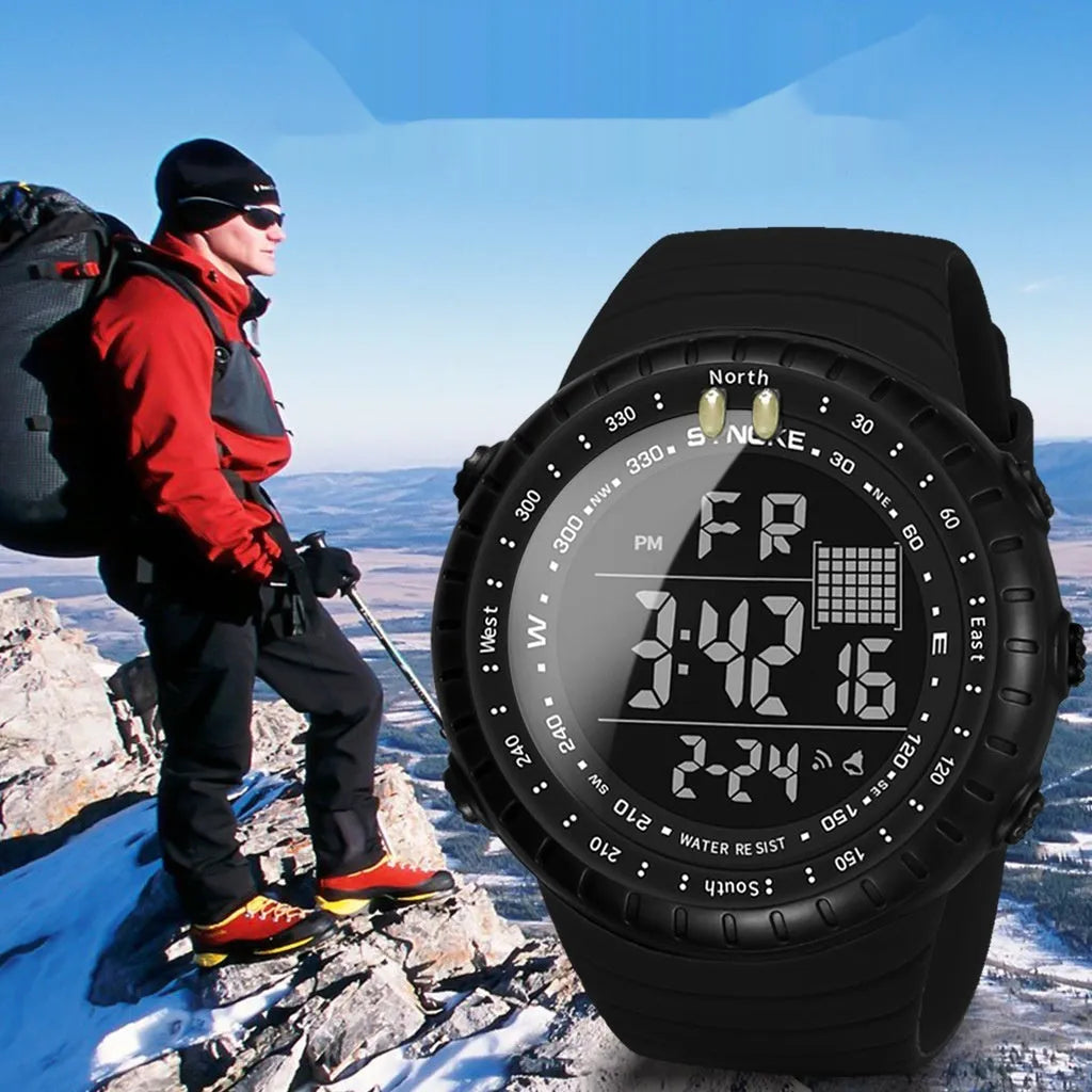 Black men's outdoor electronic watch with large dial showing WR50M waterproof rating on PU strap