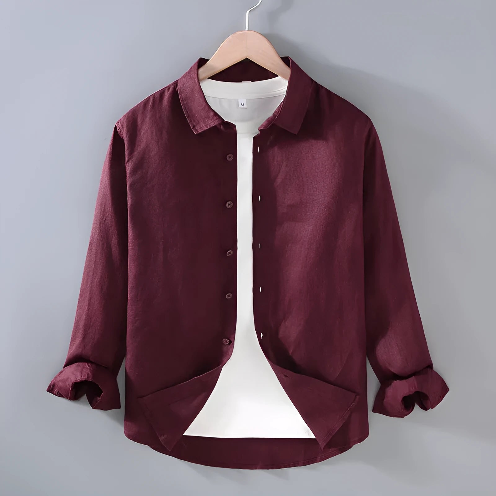 Men's pure linen simple cardigan shirt in a solid colour with long sleeves.