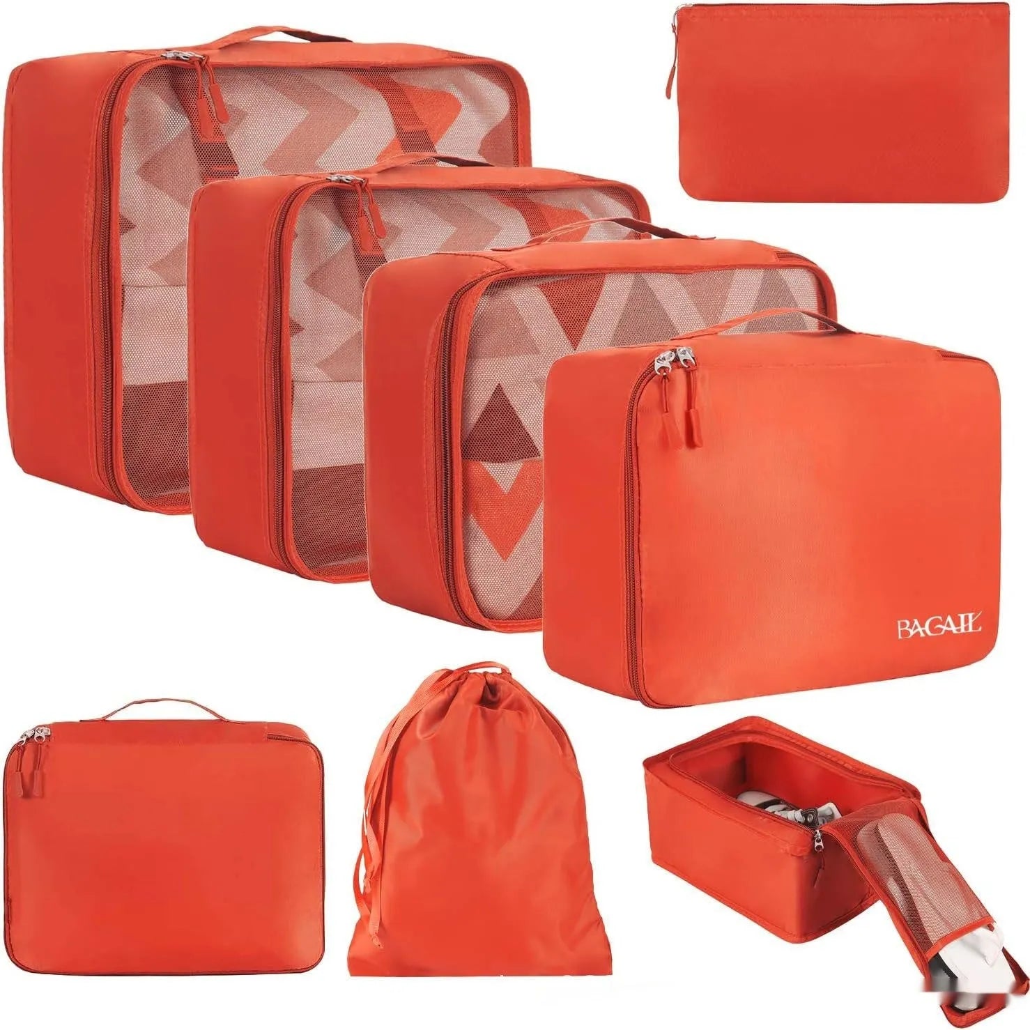 Set of eight PP packing cubes in various colours including beige, black, pink, and leopard print for travel organisation.