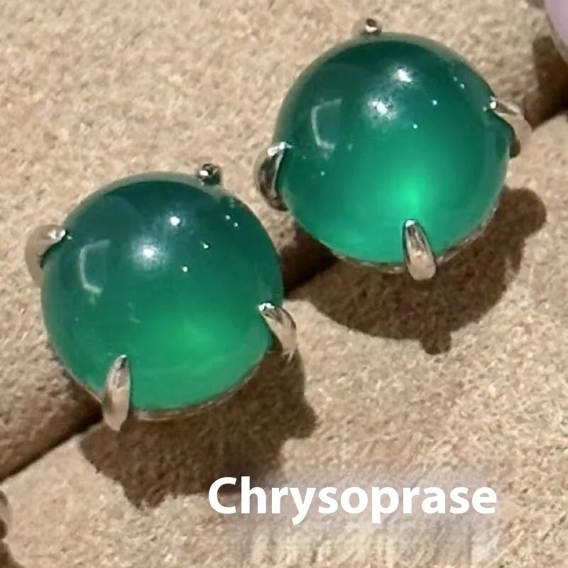 Chinese style geometric chalcedony stud earrings with four-claw setting in copper