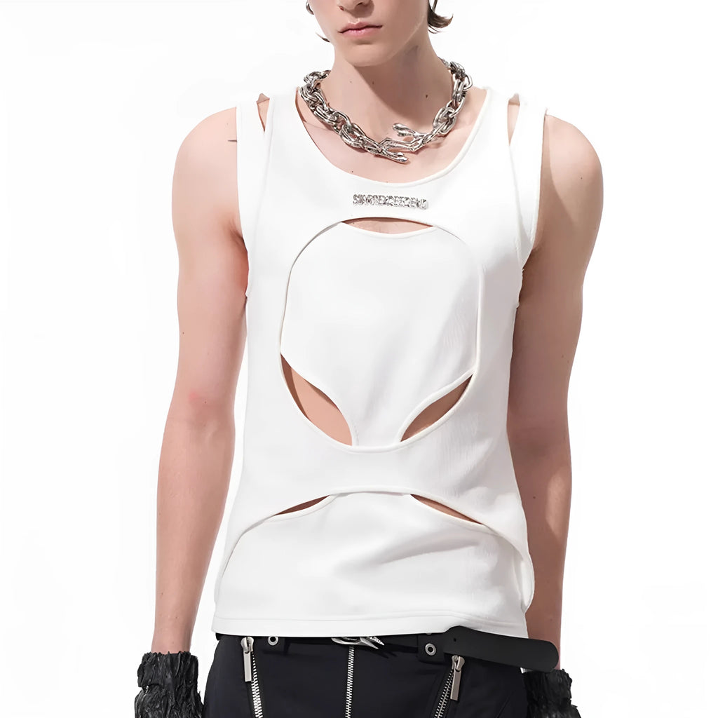 Men's white hollow knit sleeveless waistcoat vest with round neck pullover design