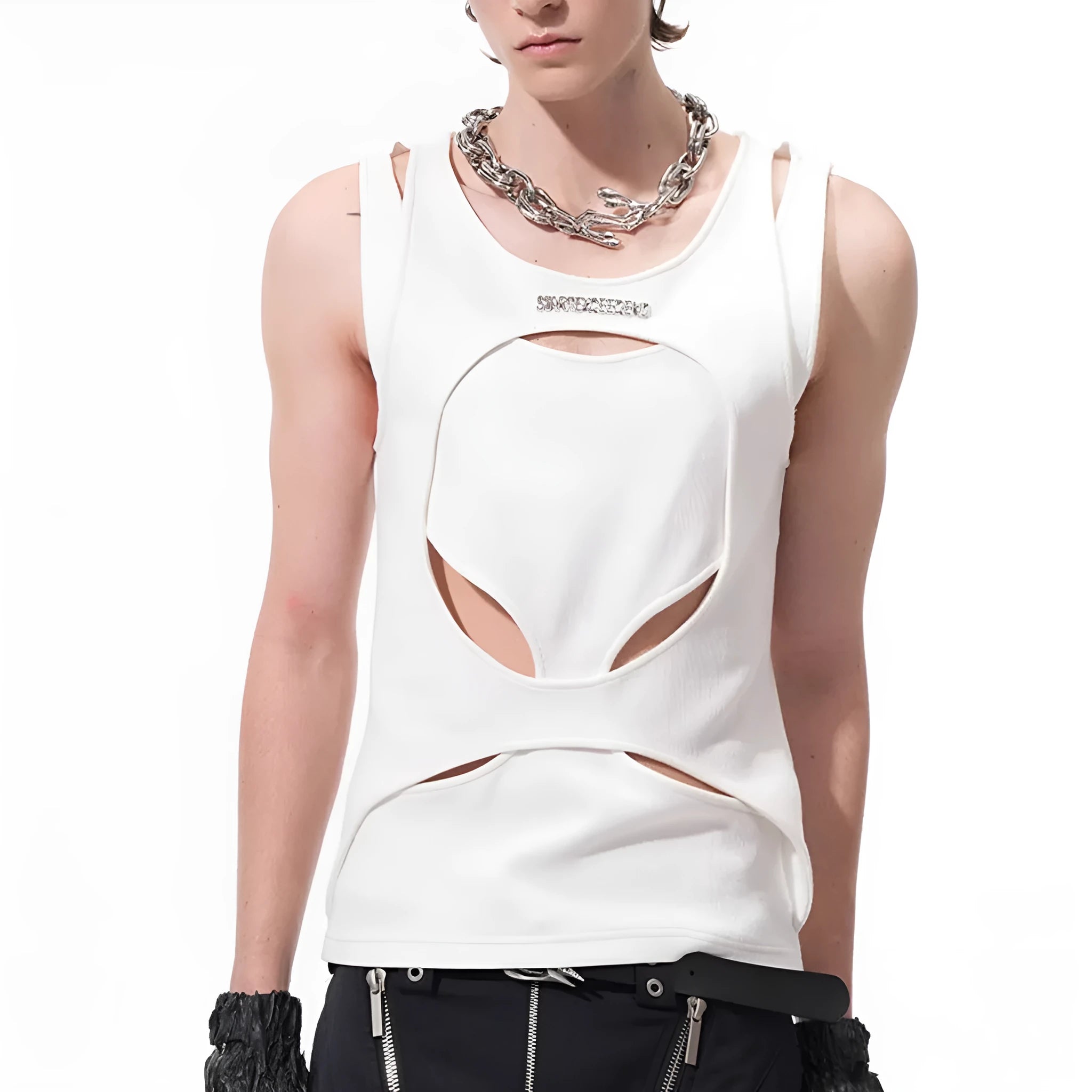 Men's white hollow knit sleeveless waistcoat vest with round neck pullover design