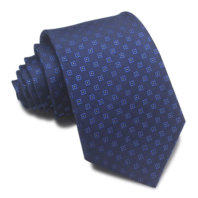 Men's 8cm polyester jacquard striped business tie in red black and blue formal arrow type