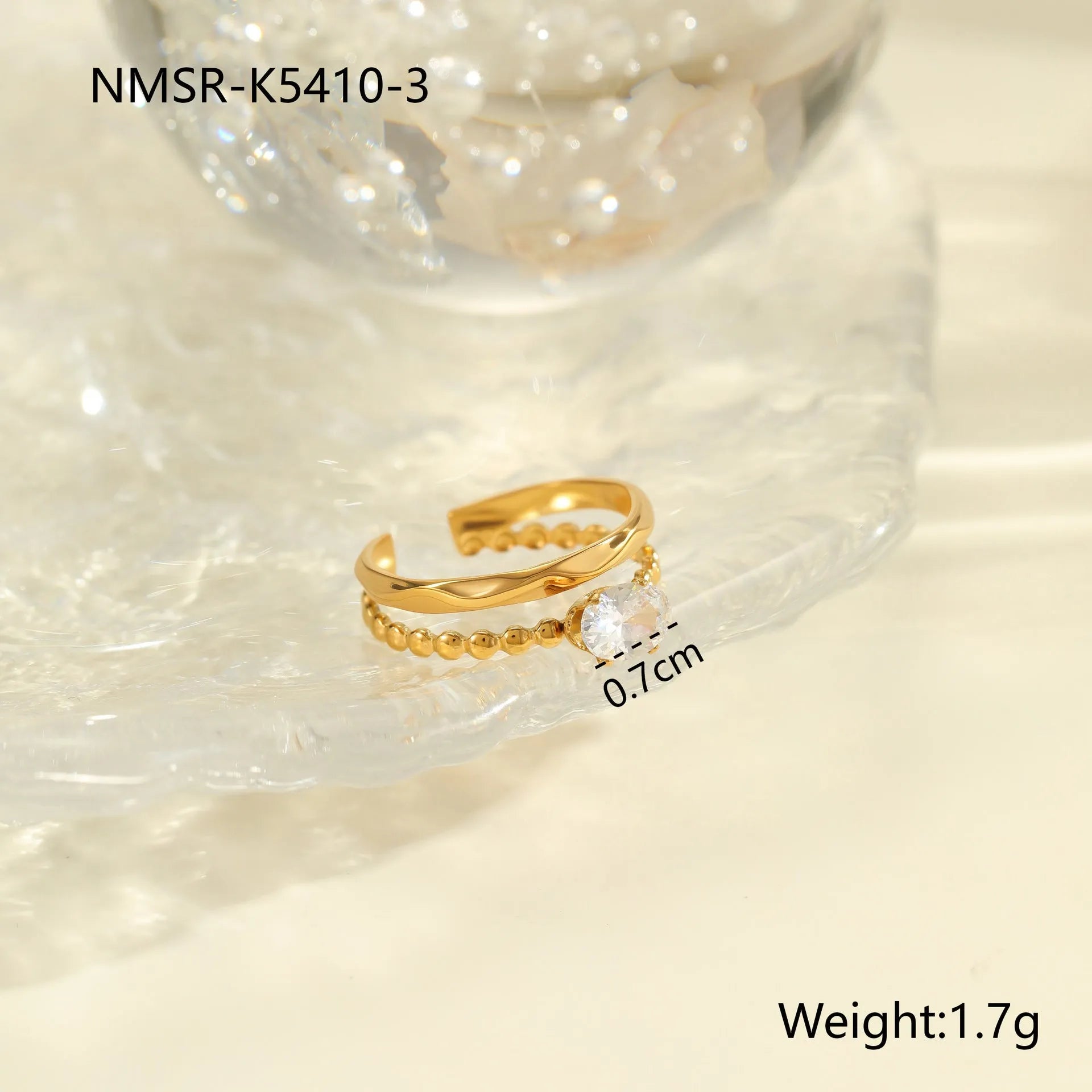 Open mouth geometric stainless steel ring with heart drop shape and gold inlaid zircon.
