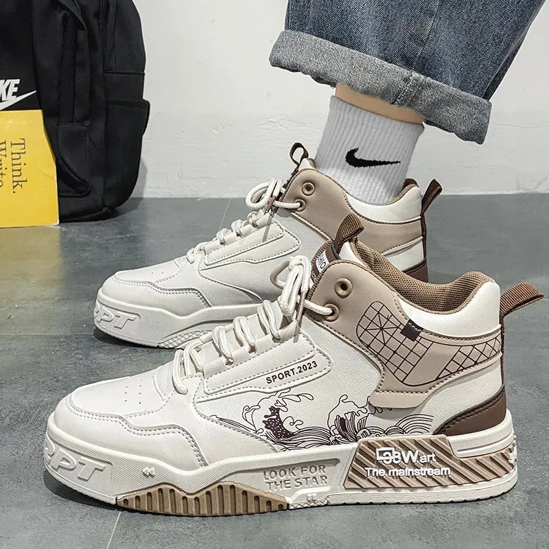 Men's beige high-top board shoes with rubber sole and lace-up front
