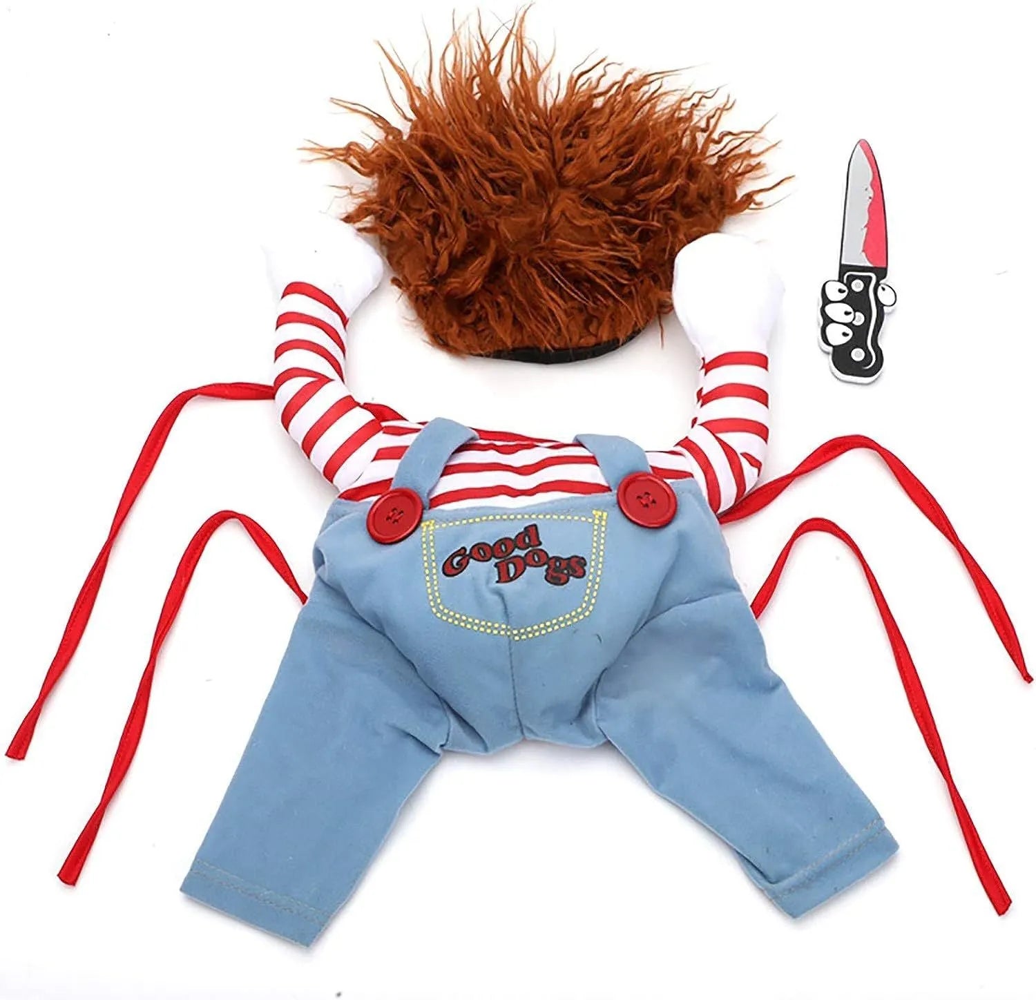 Striped black and white prisoner Halloween costume for a dog, with harness and toy knife prop.