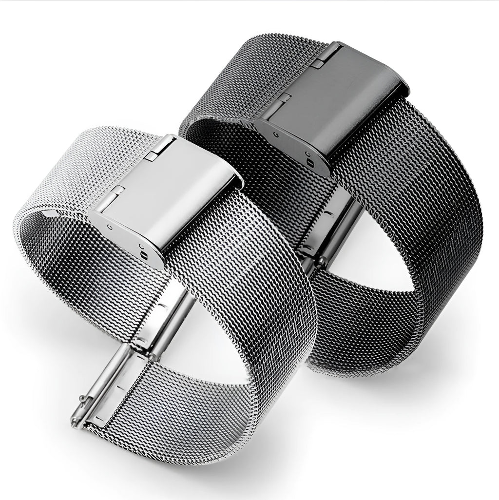 Milani silk woven stainless steel watch band in silver, black, rose gold and gold colour options
