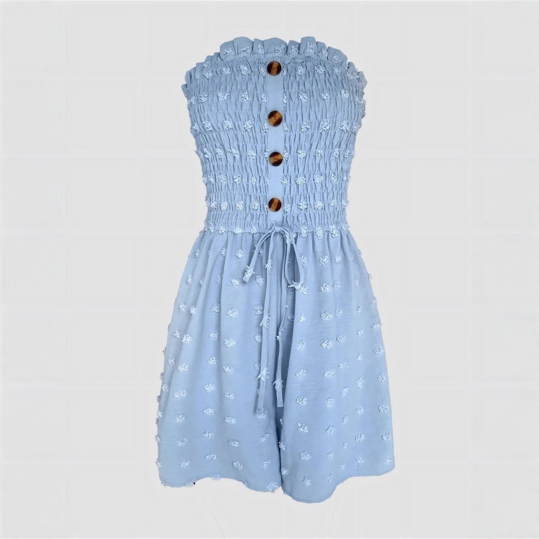 Women's sleeveless off-shoulder jumpsuit in solid colour with elastic waist and button details