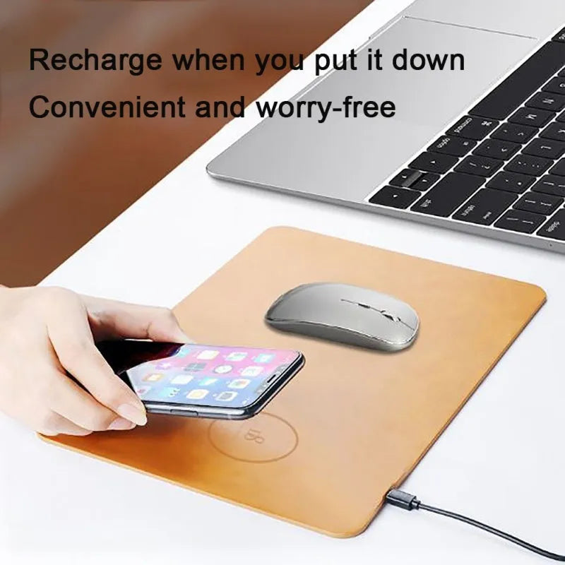 Brown leather wireless charging mouse pad with micro USB cable for Qi device charging