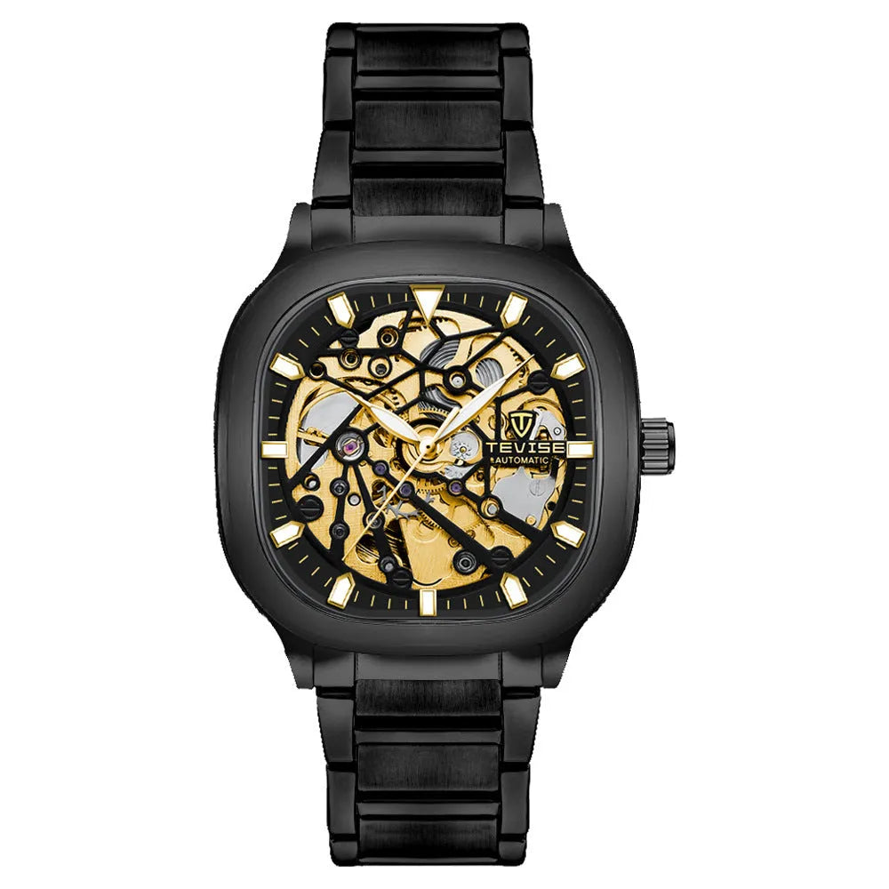 Men's square automatic watch with luminous hollow dial on a stainless steel strap, shown in blue colour.